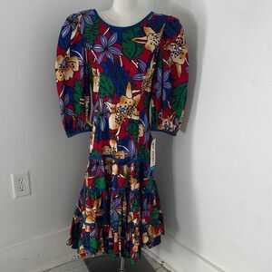 Vintage Bold Floral 80s Puff Sleeve Go Vicki Drop Waist Dress